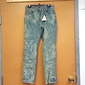 Boohoo Man Size 26 Antique Blue Slim Rigid Renaissance Laser Print Jeans